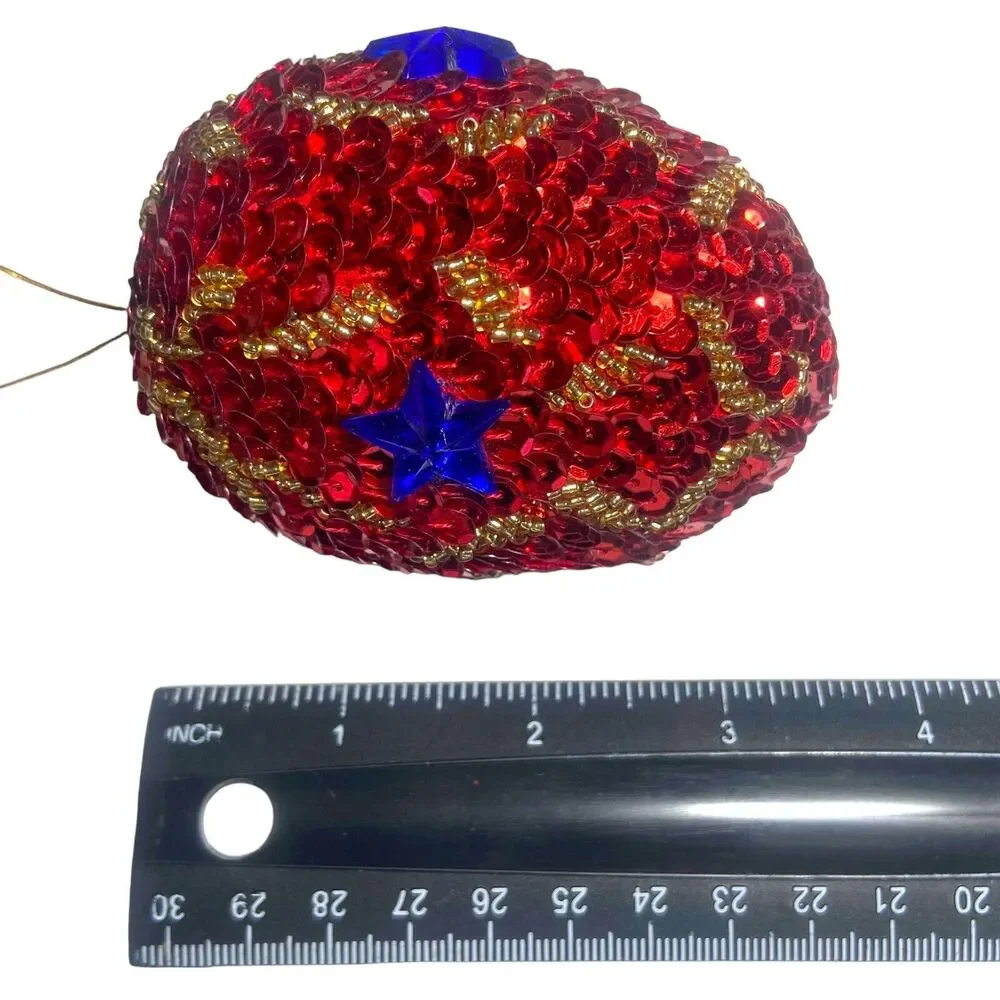 8 Christmas Tree Ornaments Pine Cone Handmade Sequins Beaded Blue Gold Red Green